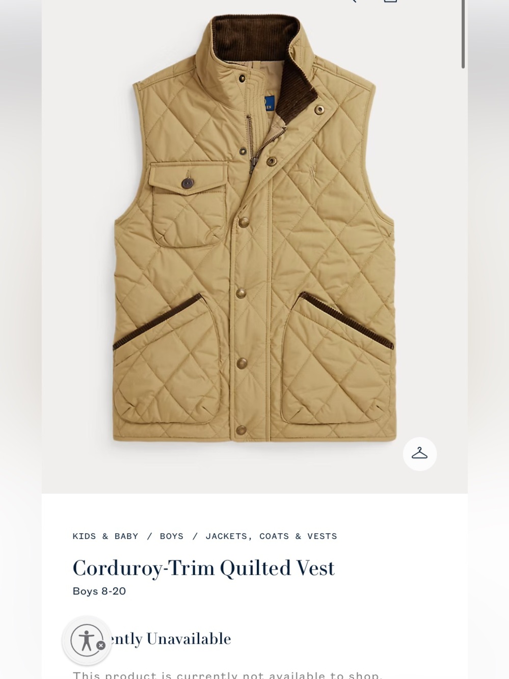 Polo Ralph Lauren Boy’s Size Large Corduroy-Trim Quilted Vest Large 14/16